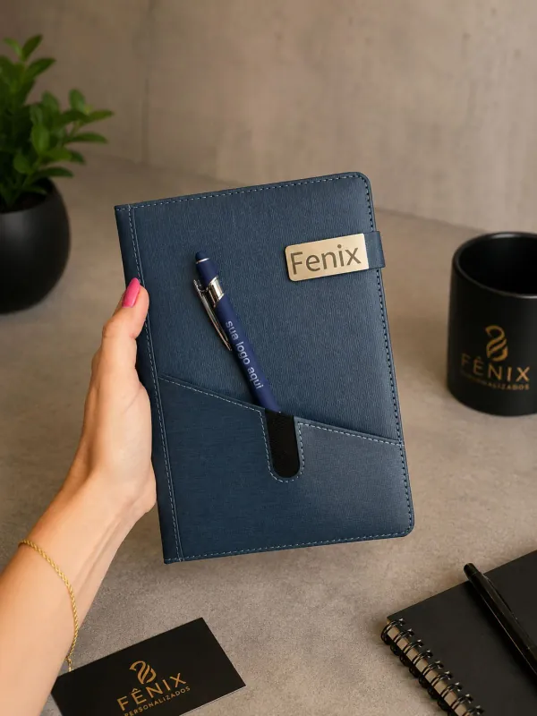 Caderno personalizado azul com placa metálica gravada e caneta com logo. Kit de brinde corporativo da Fênix Personalizados.