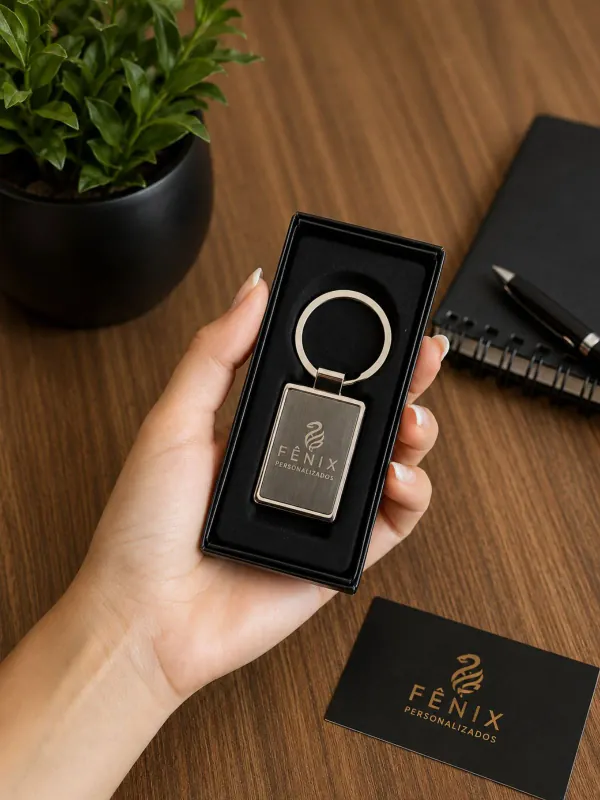 Chaveiro metálico personalizado com logo da Fênix Personalizados na embalagem de presente. Brinde executivo elegante.