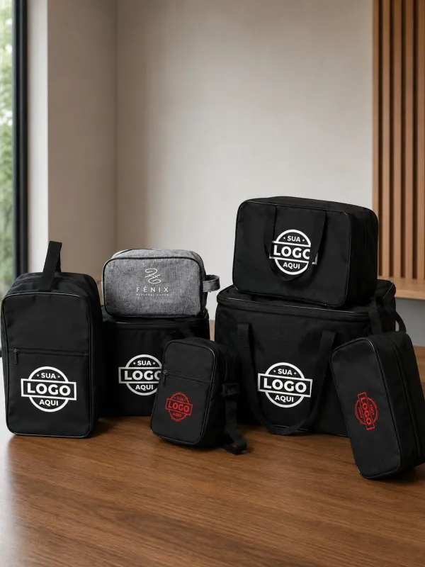 Kit de necessaires e bolsas pretas personalizadas com logo. Brindes corporativos sob medida da Fênix Personalizados.